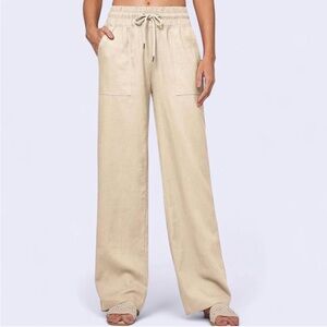 Cream/Beige Linen wide leg flowy drawstring pants